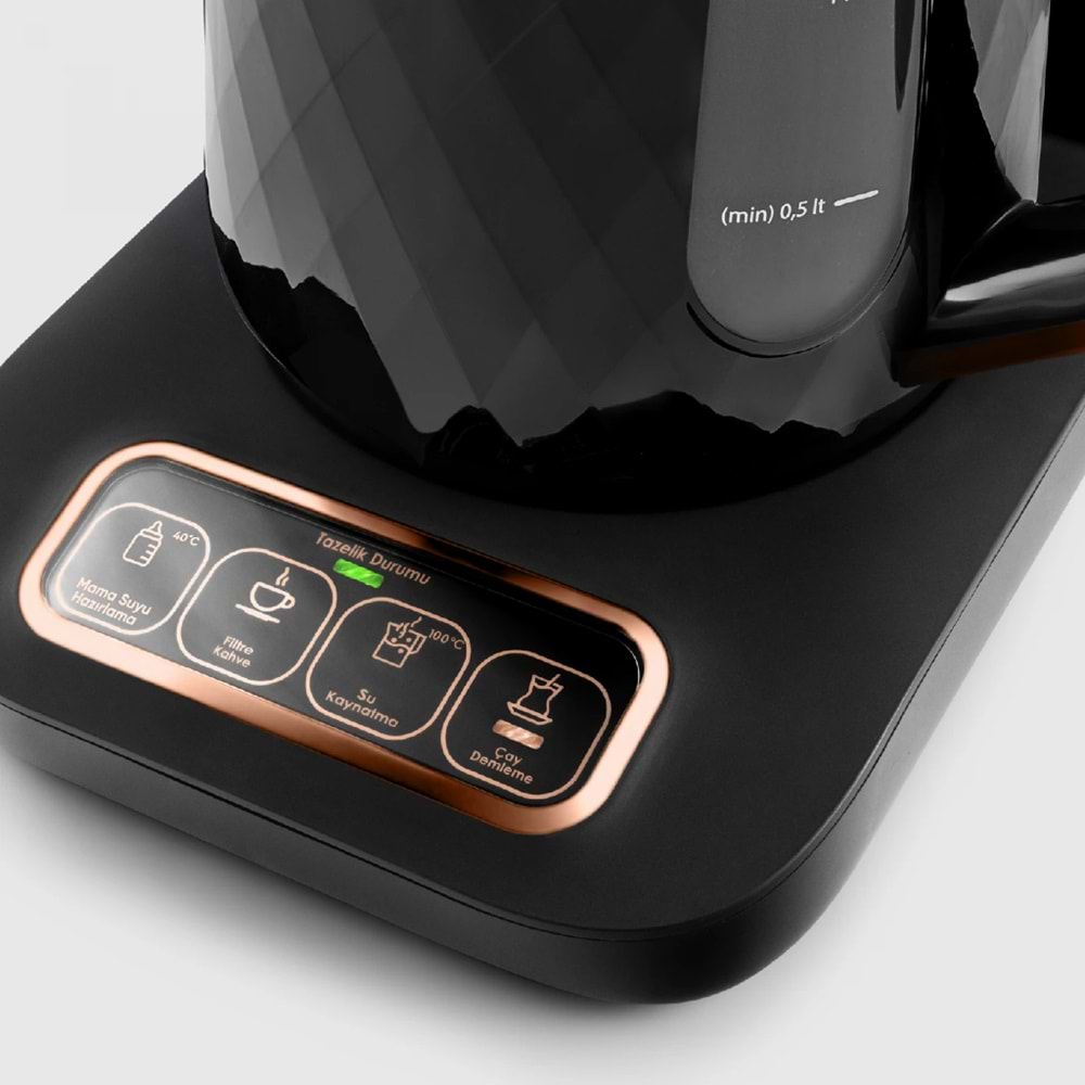Karaca Çaysever Robotea Pro Quartz 4 in 1 Konuşan Otomatik Çay Makinesi Su Isıtıcı ve Filtre Kahve Demleme Makinesi 2500W Black Copper